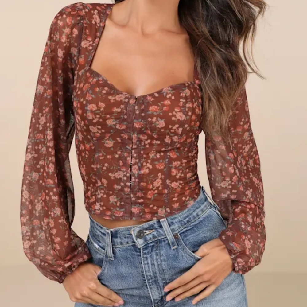 Lulus NWT Brown Floral Puff Sleeve Cropped Blouse Size XXL